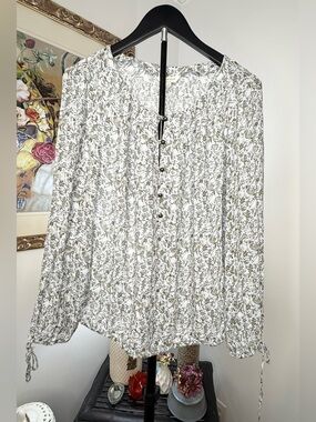 Lucky Brand Women S/P Floral Peasant Blouse Olive White Boho Tie Sleeve Top